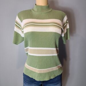 Vintage 90s Mock Neck Top Womens Medium Ribbed Knit Green Forest Stripe Sz Large